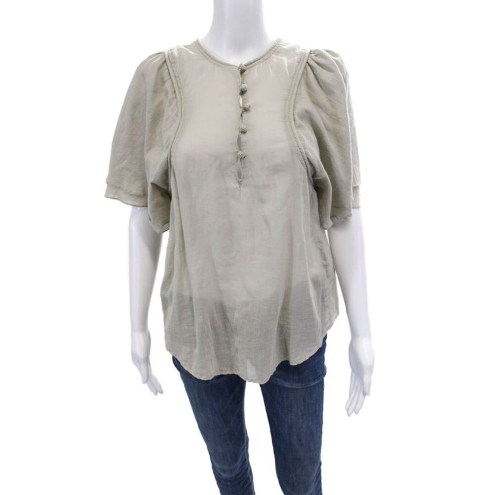 Laurence Bras Women's Round Neck Short Sleeves Ruffle Cotton Blouse Gray Size S